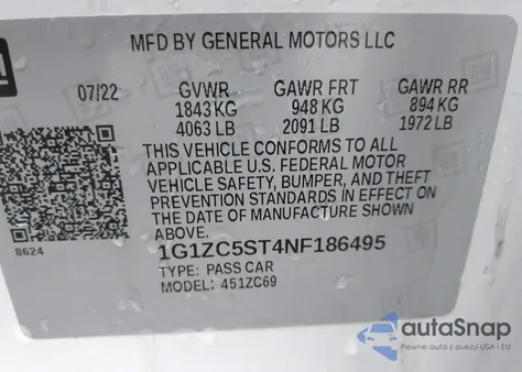 2022 Chevrolet Malibu Fwd 1Fl из США, поврежденный, VIN 1G1ZC5ST4NF186495